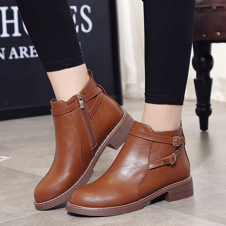 Women's Low Heel Buckle Ankle Boots – PU Leather Side Zipper Round Toe Winter Boots