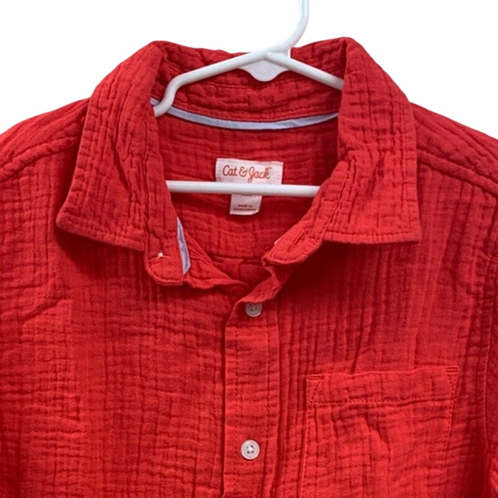New Cat & Jack Boys Large Red Melon Short Sleeve 100% Cotton Button Up Shirt
