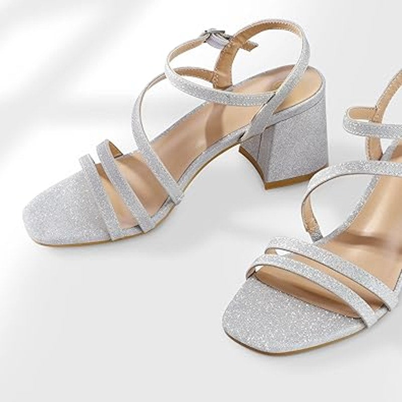 Mysoft Womens Size 9 Silver Glitter 2.5" Block Heel Open Toe Ankle Strap Shoes