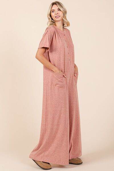 Mittoshop Button Detail Jumpsuit - Short Sleeve Wide Leg Jumpsuit