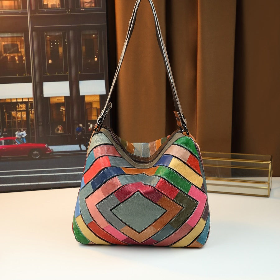 Geometric Grid Leather Patchwork Colorful Shoulder Bag - Women's Genuine Leather Handbag with Multiple Compartments
