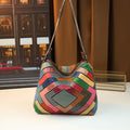 Geometric Grid Leather Patchwork Colorful Shoulder Bag - Women's Genuine Leather Handbag with Multiple Compartments