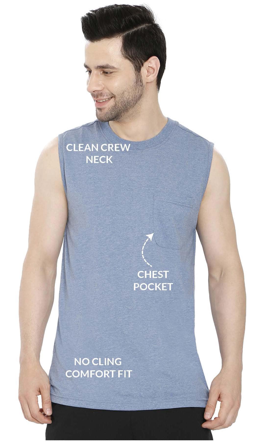 Men’s Sleeveless Crew Neck T-Shirt – Regular Fit, Heavier Cotton Blend Jersey with Chest Pocket