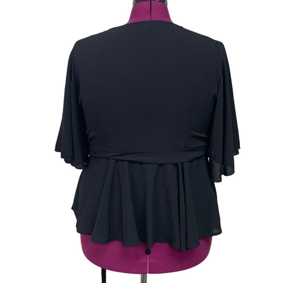 Womens 1X Black 100% Polyester Flowy Half Sleeve Belt Tie V Neck Wrap Top