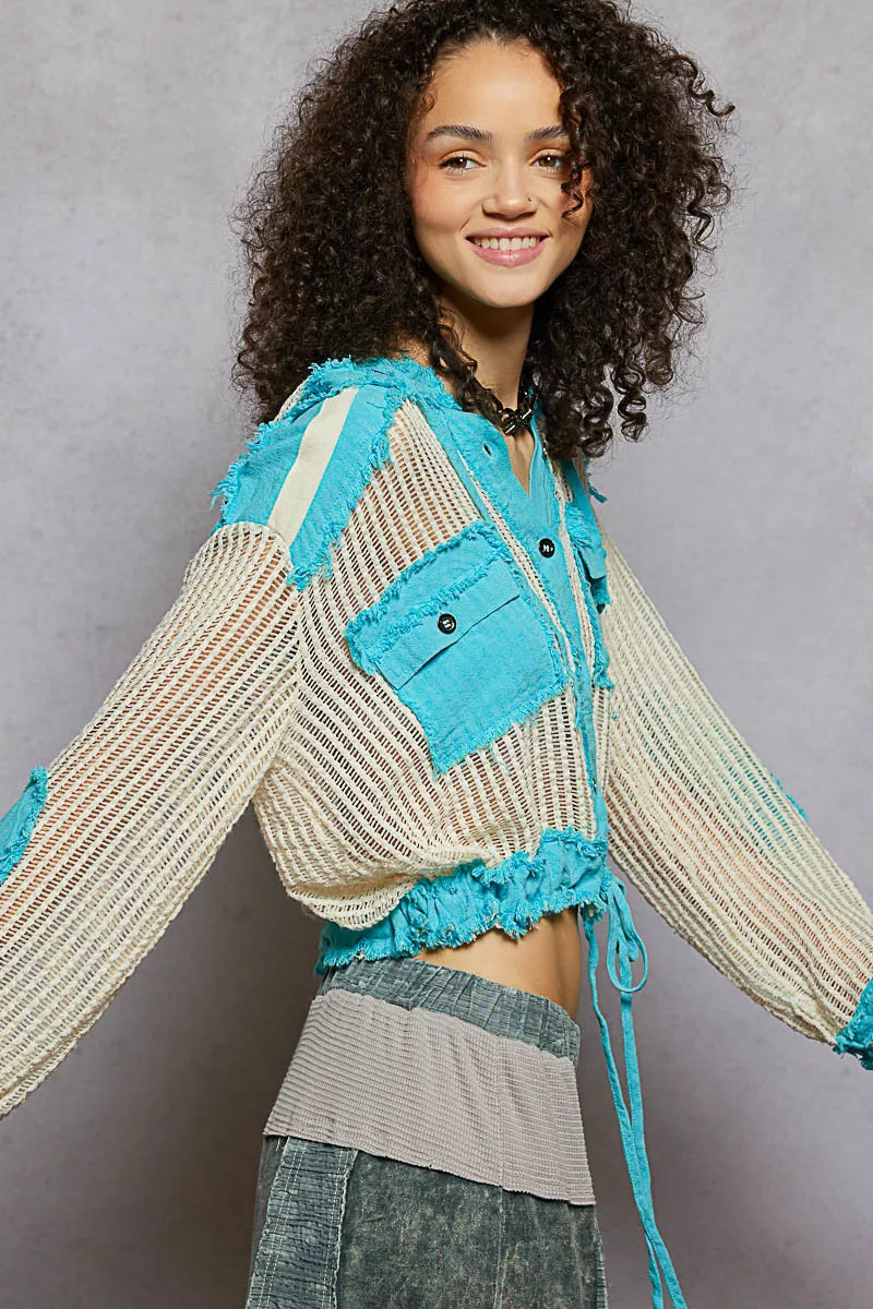 POL Texture Woven Button Down Hooded Shirt with Drawstring Hem