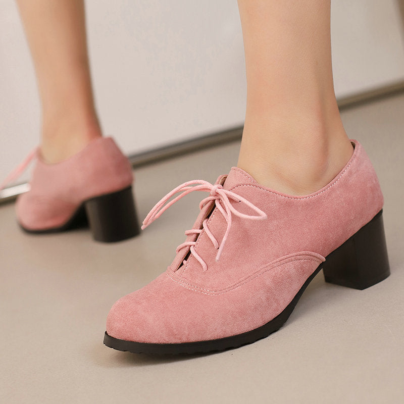 Women's Round Toe Chunky Heel Lace-Up Shoes - Suede Matte Finish High Heels
