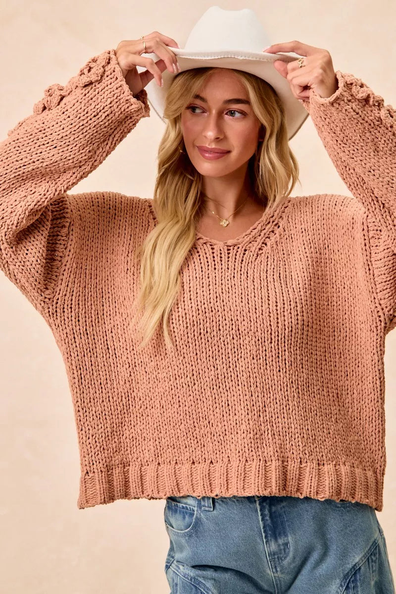BiBi Chunky Knit Sweater with Flower Detail Sleeves