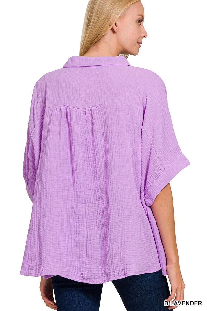 Zenana Double Gauze 3/4 Sleeve Button Up Shirt