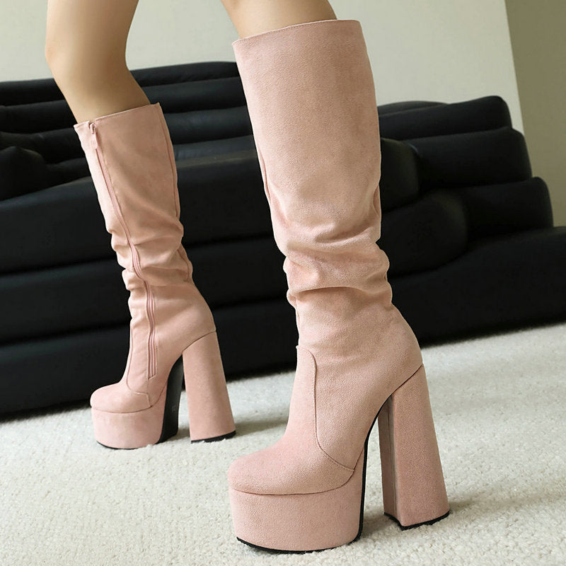 Women's Stretch Suede Waterproof Chunky High Heel Boots | Side Zipper | Sarah Express