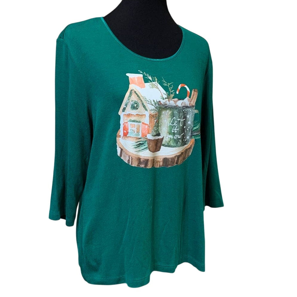 Upcycled Hand Printed XL Christmas Cottage Tree Cupcake Cocoa 3/4 Sleeve Tee