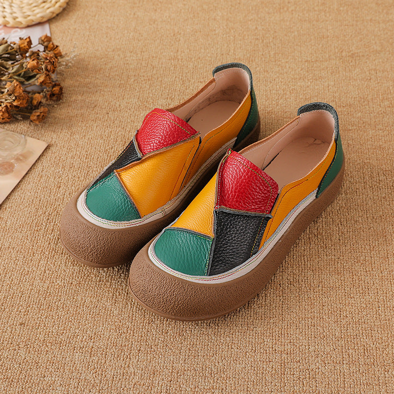 Women's Genuine Leather Patchwork Color-Block Loafers | Slip-On Round Toe Low Heel Shoes