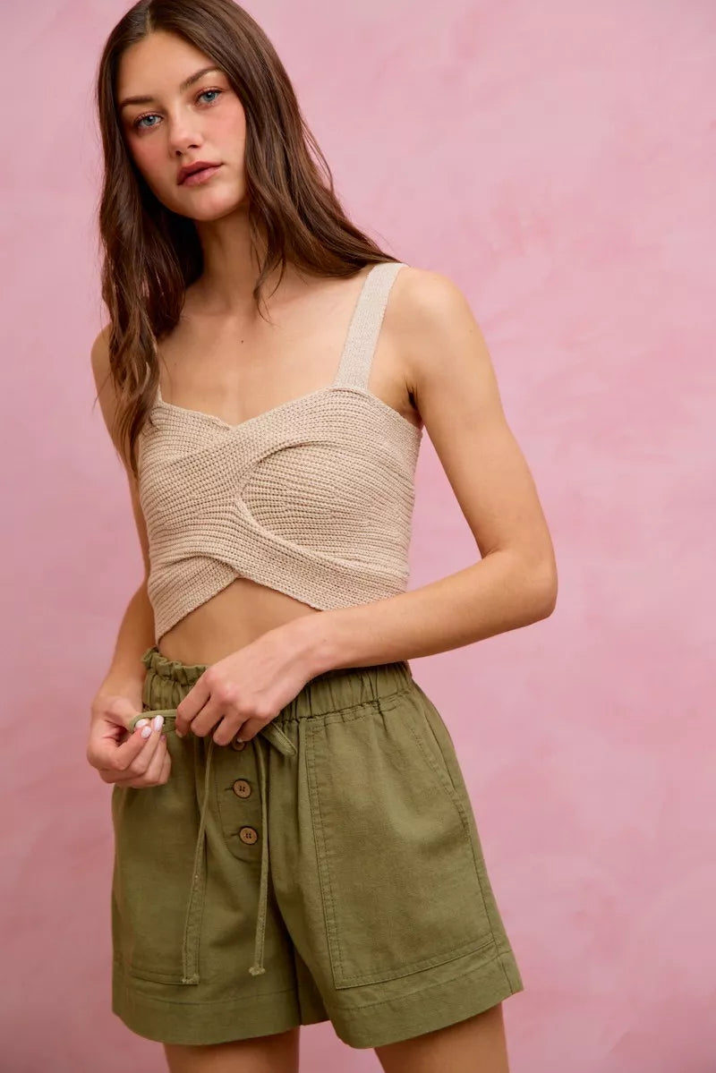 SO ME Paper Bag Patch Pocket Drawstring Twill Shorts