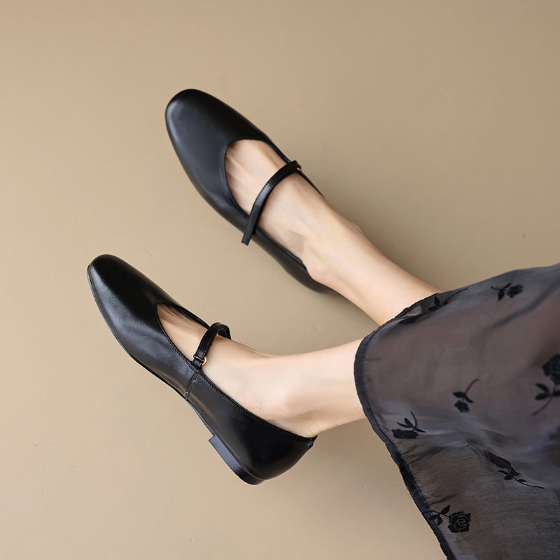 Mary Jane Flats | Cowhide Leather Buckle Shoes