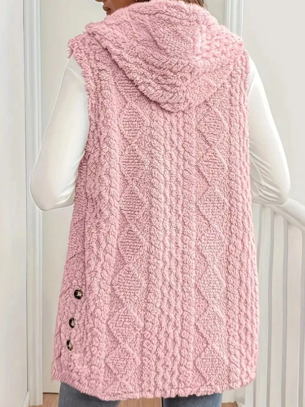 Button Up Plush Hooded Vest Coat