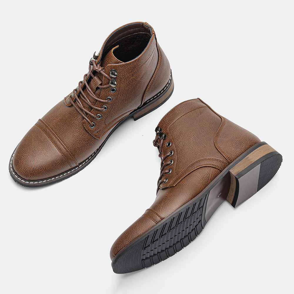 Men's Vintage Casual Leather Boots – Mid-Calf Wedge Heel, Rubber Sole, Stitched Paneling