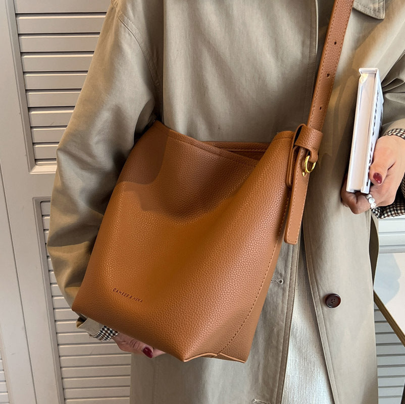 Women's Retro Bucket Bag - High-Capacity PU Leather Shoulder Bag with Compartments
