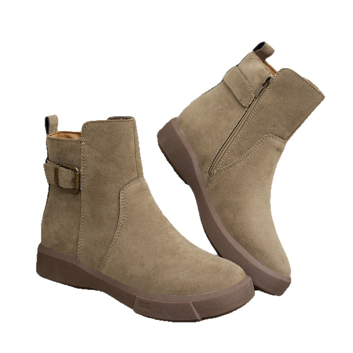 Women's Round Toe Ankle Boots with Side Zipper - Flat Heel Suede Boots