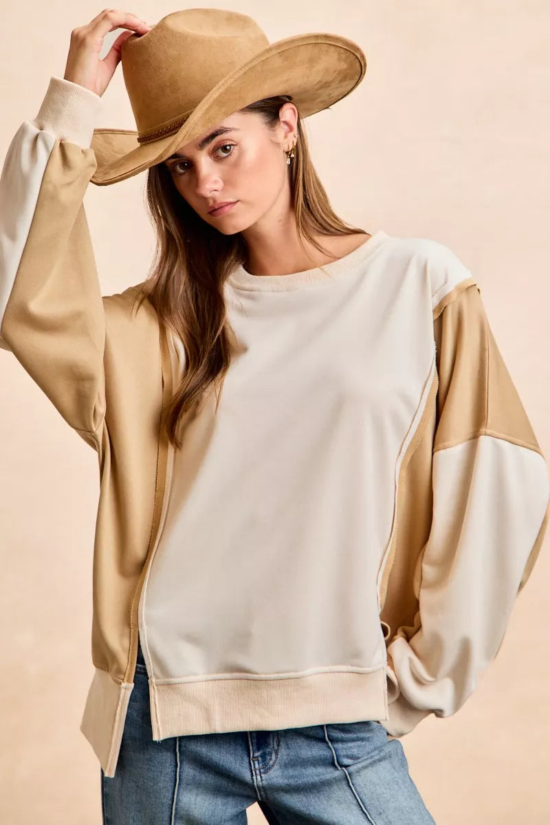 BiBi French Terry Color Block Top With Open Seam Detail