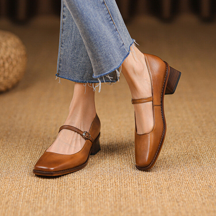 Retro Square Toe Chunky Heel Leather Pumps - Genuine Cowhide Leather Women's Shoes