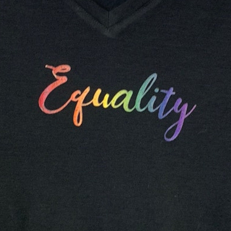 New Hand Printed Womens Small Black Equality Rainbow Pride VNeck Tee Shirt