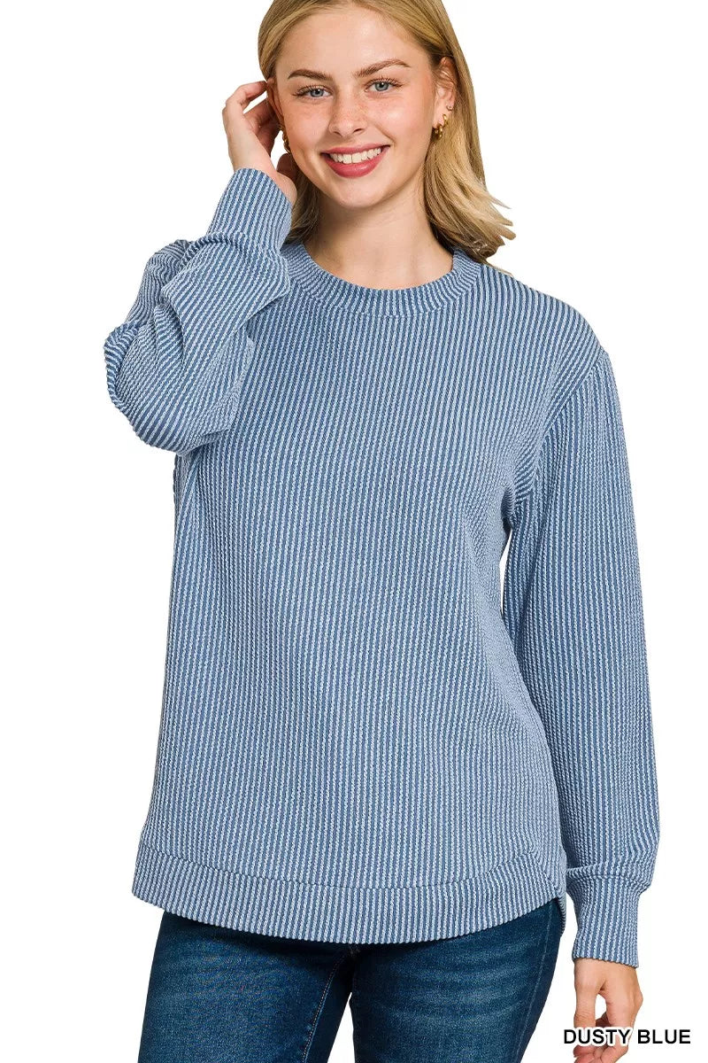 Zenana Full Size Raised Rib Round Neck Long Sleeve Top Plus Size
