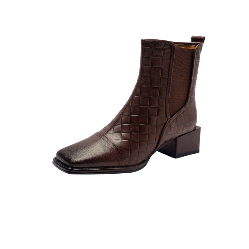 Retro Woven Square-Toe Chunky-Heel Women's Full-Grain Leather Boots with Elastic Side Panels