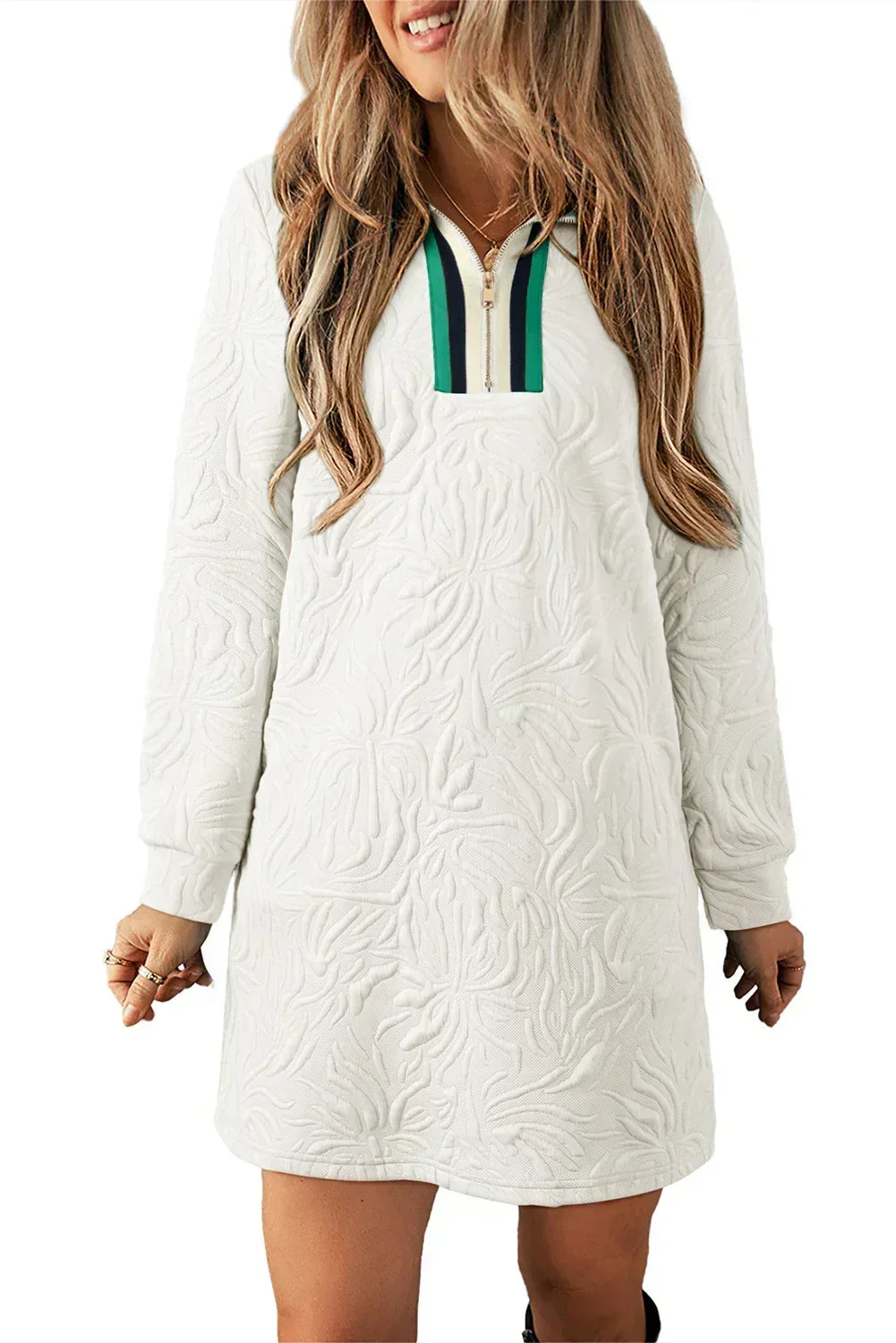 White Pop of Color Neckline Textured Mini Dress