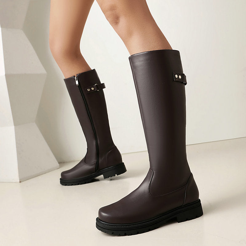 Women's Retro British-Style Chunky Heel Riding Boots | Belt Buckle Side Zipper | Black Brown