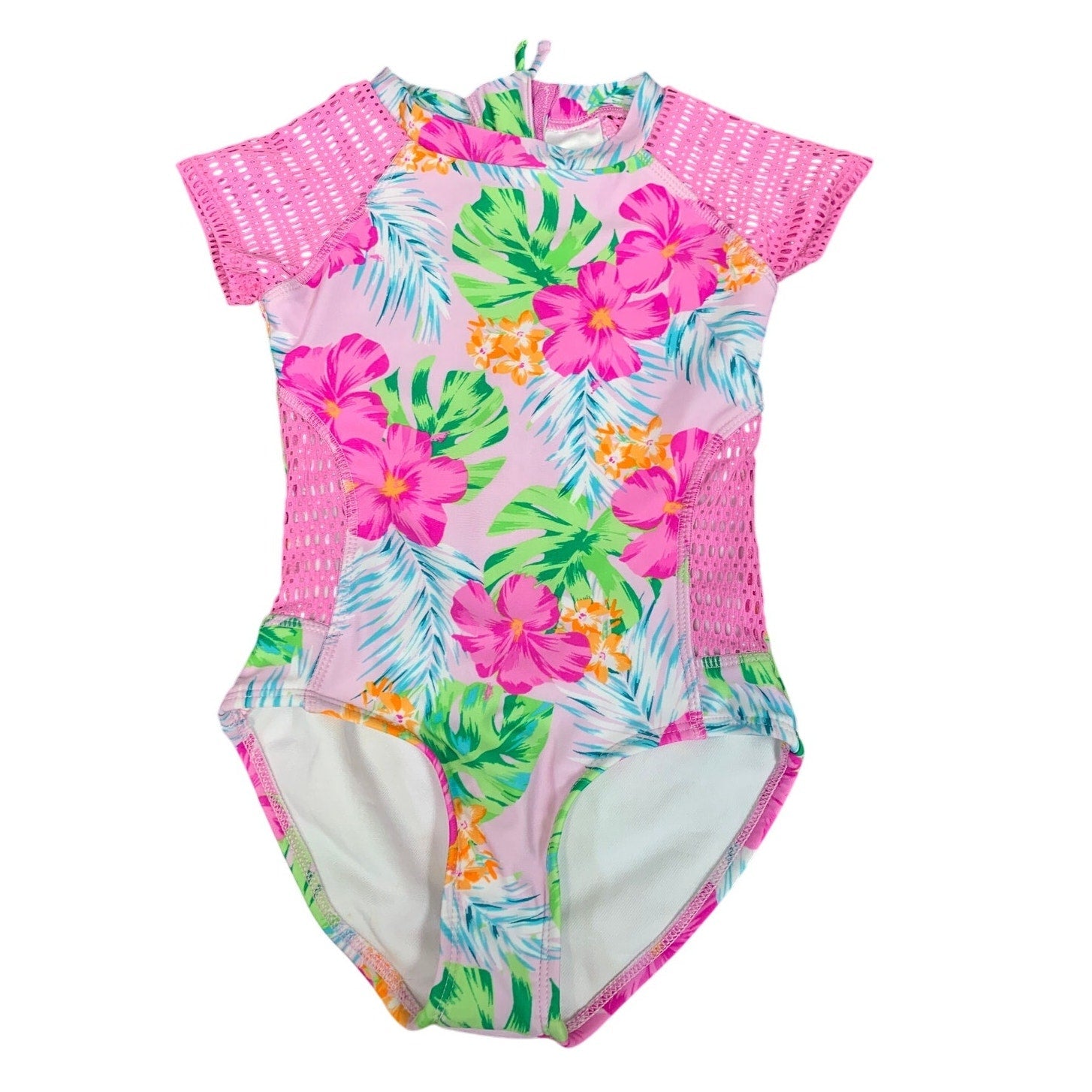 NWT New Art Class Girls Size XS (4/5) Back Zip Tropical Flower 1PC Swimsuit