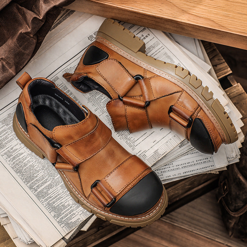 Men's Vintage Work Boots - Full-Grain Cowhide Leather Round Toe Low-Cut Design