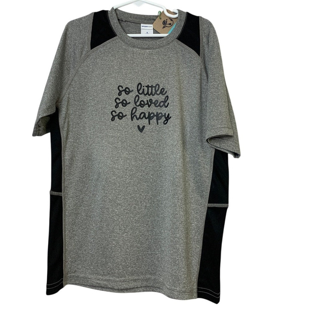 New Hand Printed Boys Small So Little So Loved So Happy Short Sleeve Tee Shirt