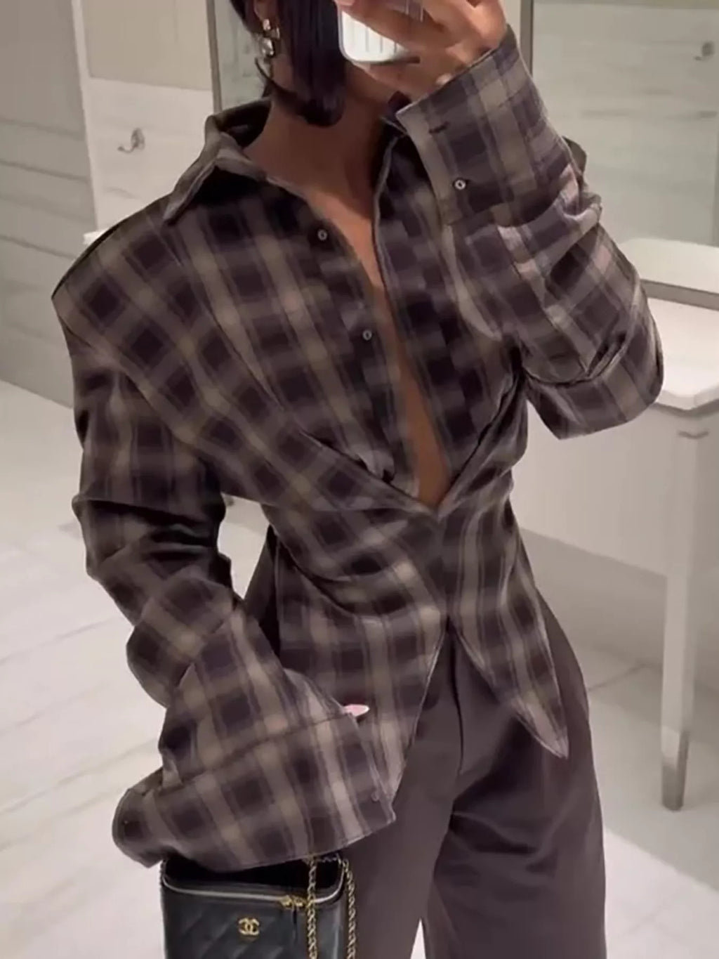 Ruched Plaid Long Sleeve Shirt