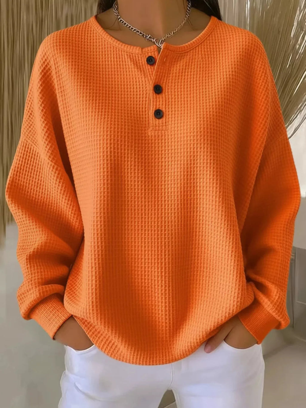 Full Size Waffle Knit Button Detail Top Plus Size