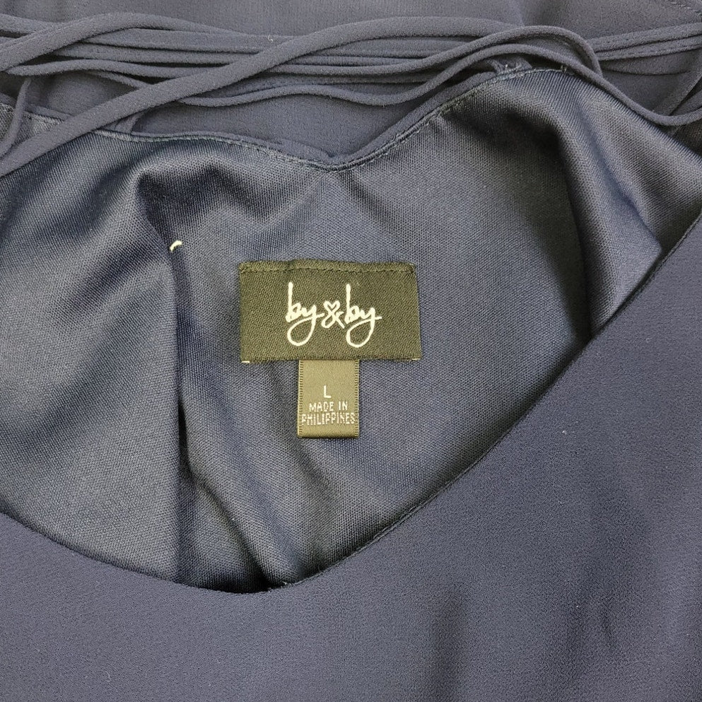 By & By Womens Large Navy Blue 100% Polyester Spaghetti Strap Fit & Flare Dress