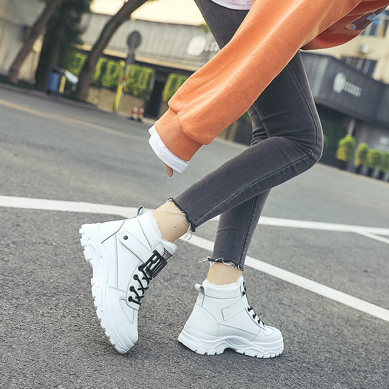 Women's Waterproof Platform High-Top Sneakers | Leather Stitching Plush Lining