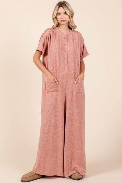 Mittoshop Button Detail Jumpsuit - Short Sleeve Wide Leg Jumpsuit