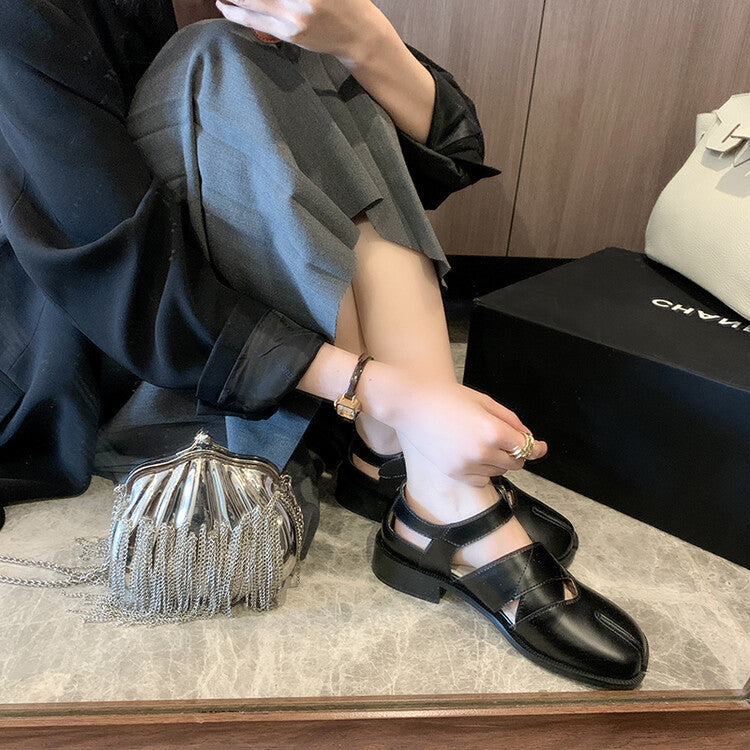 Split-Toe Hollow-Out Flat Leather Shoes