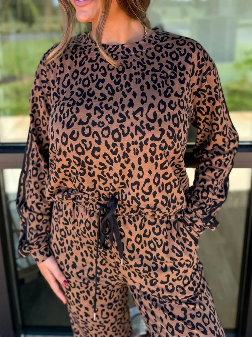 Striped Trim Leopard Long Sleeve Top Drawstring Pant Set