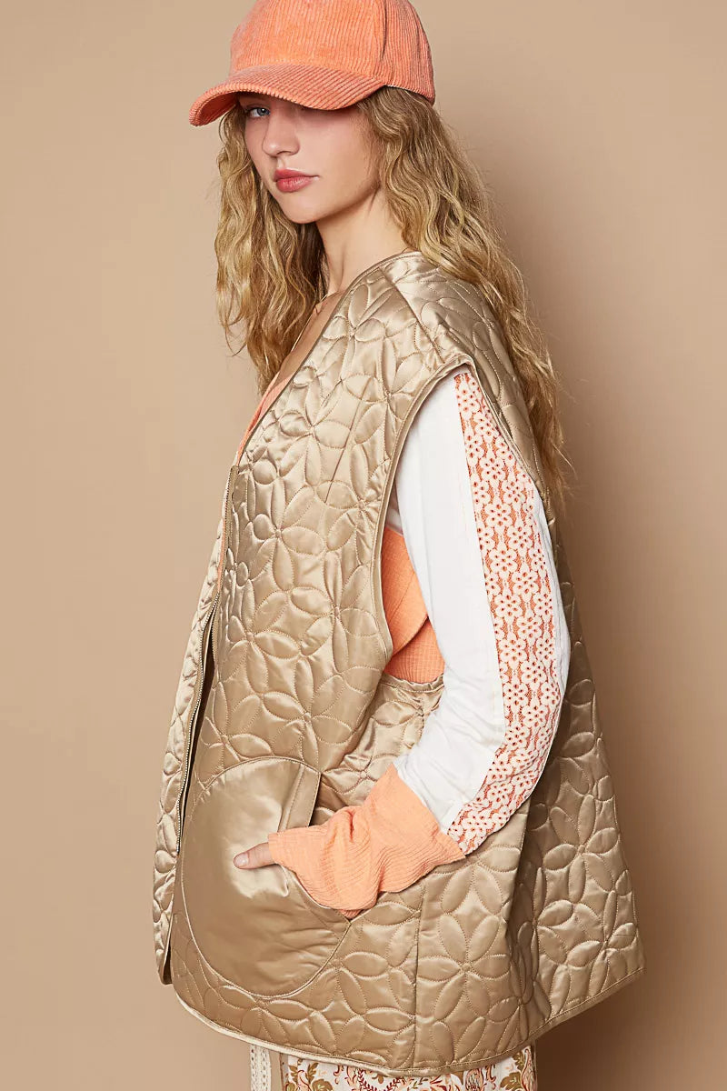 POL Front Zipper Floral Pattern Quilted Vest Coat with Front Pockets