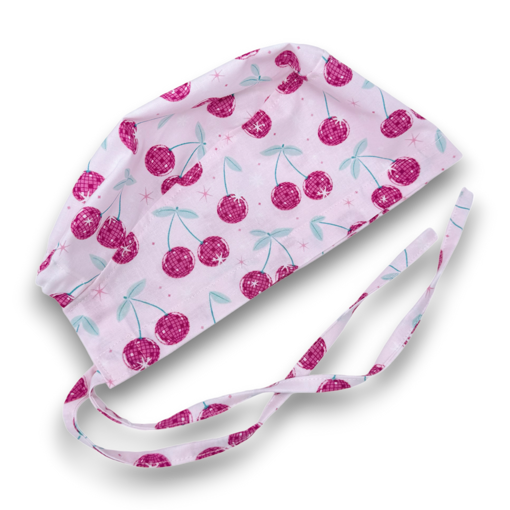 Cherry Skull tie-back style surgical scrub cap by Paradise Caps.