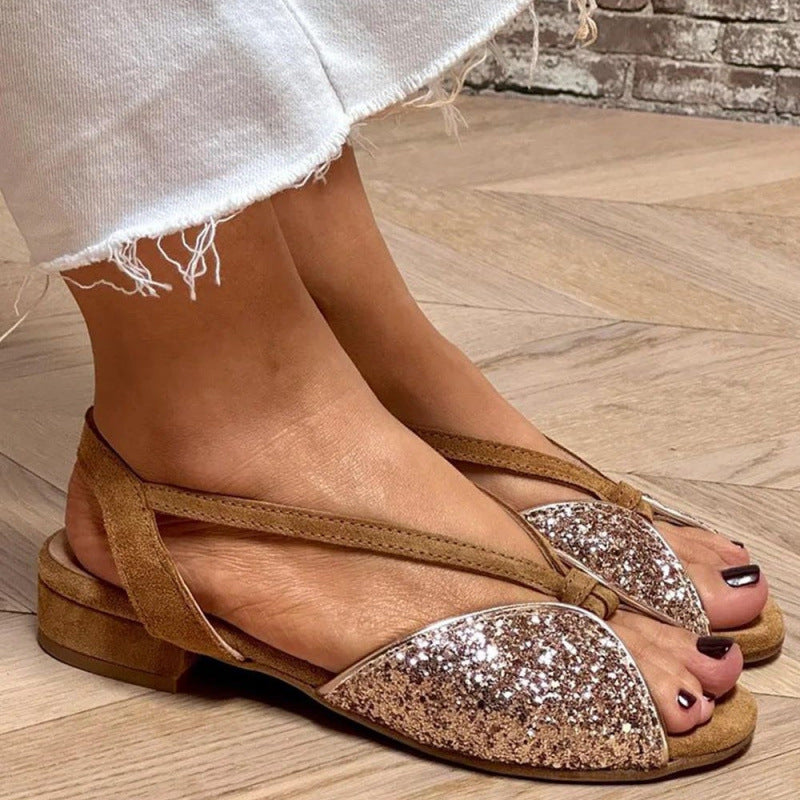 Women's Brown Suede Glitter Embroidered Peep Toe Sandals - Low Heel Comfortable Summer Shoes