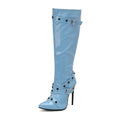 Women's Stiletto Heel Rivet Long Boots - Pointed Toe High Shaft Side Zipper Boots
