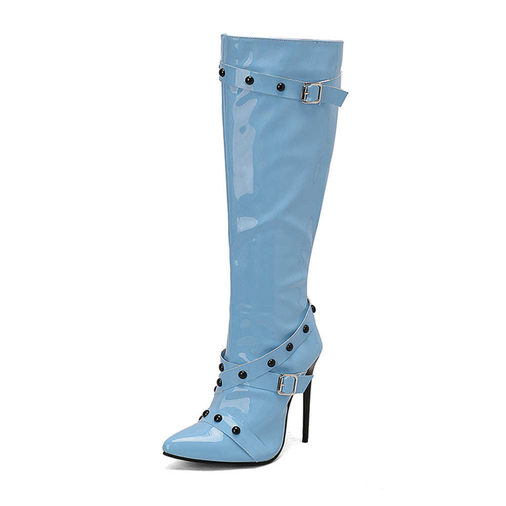 Women's Stiletto Heel Rivet Long Boots - Pointed Toe High Shaft Side Zipper Boots