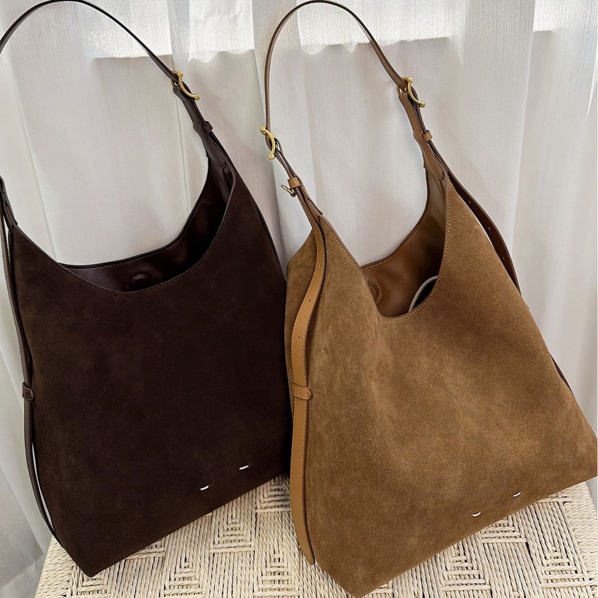 Women's Suede Bucket Shoulder Bag – Genuine Leather Drop-Ear Handbag with Patchwork Detail