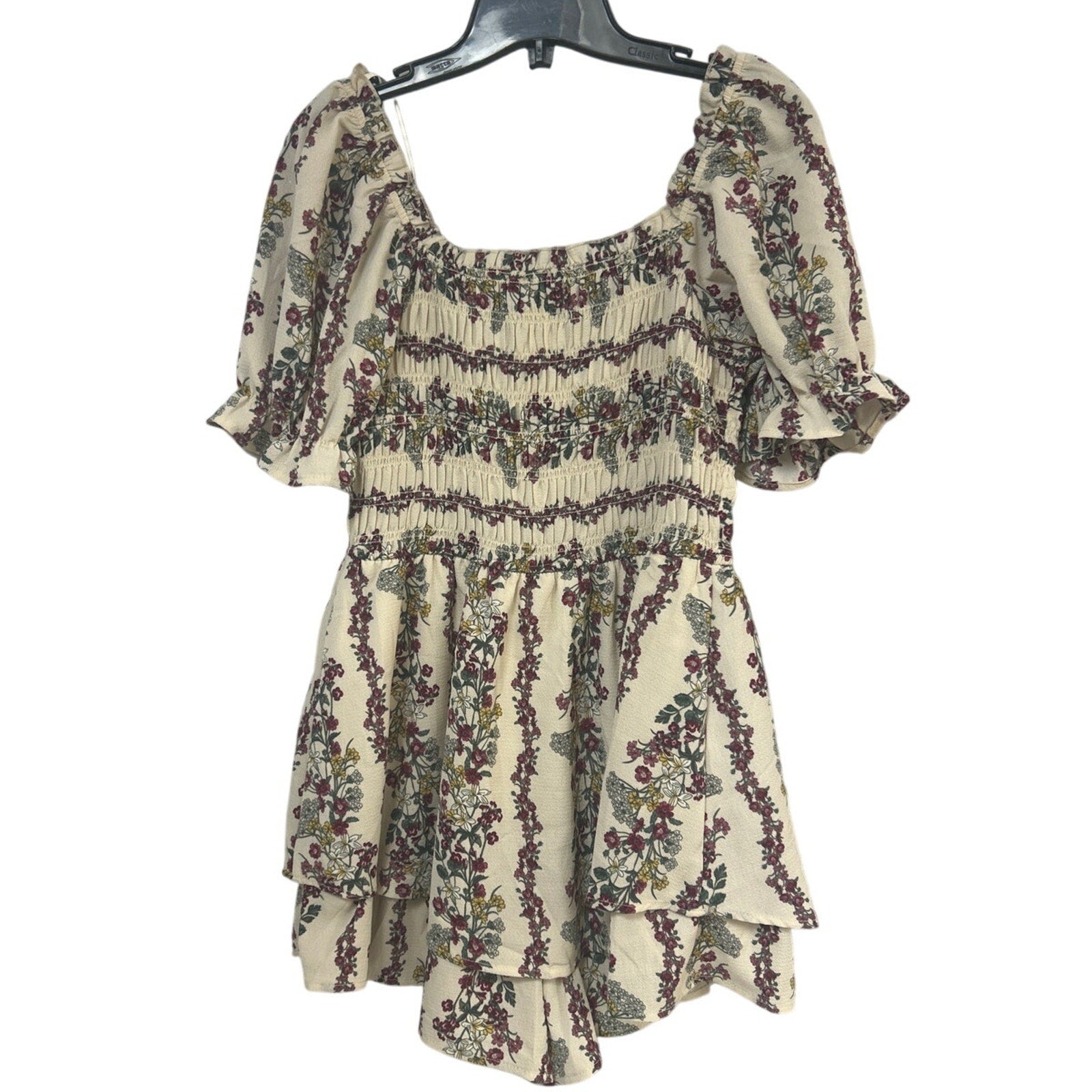 New Francescas Womens Small Boho Cream Pink Floral Ruched Flowy Cottage Top