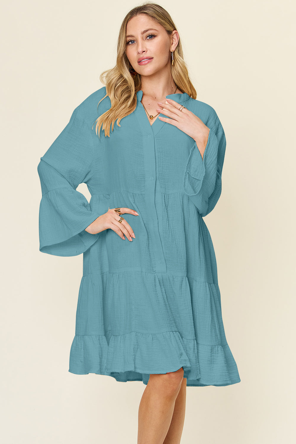 Textured Button-Down Ruffle Hem Dress