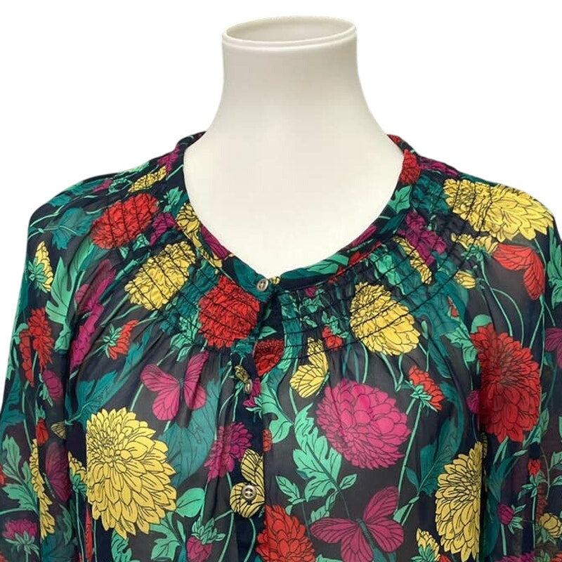 Banana Republic Small Petite Long Sleeve Sheer Carnation Floral 3 Button Blouse