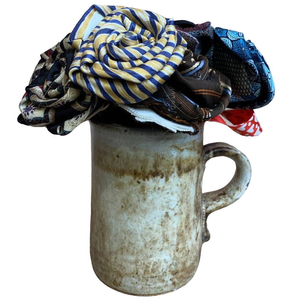 Handmade Upcycled Neck Tie Flower Rose Bouquet Mowe Pottery Mug Vase
