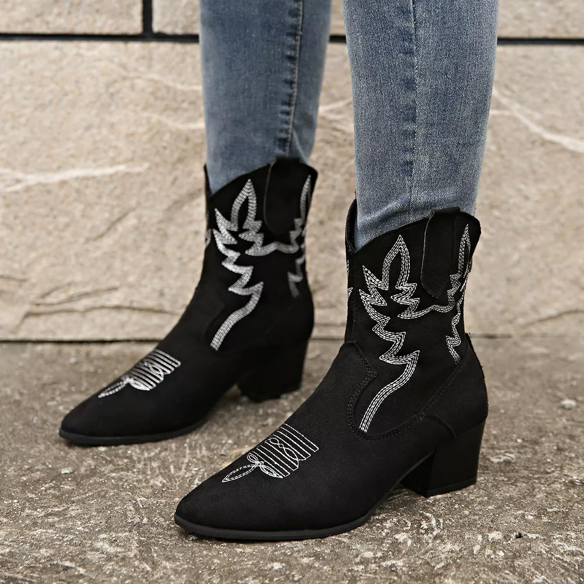 Women's Point Toe Block Heel Boots – Suede Mid Heel Ankle Boots