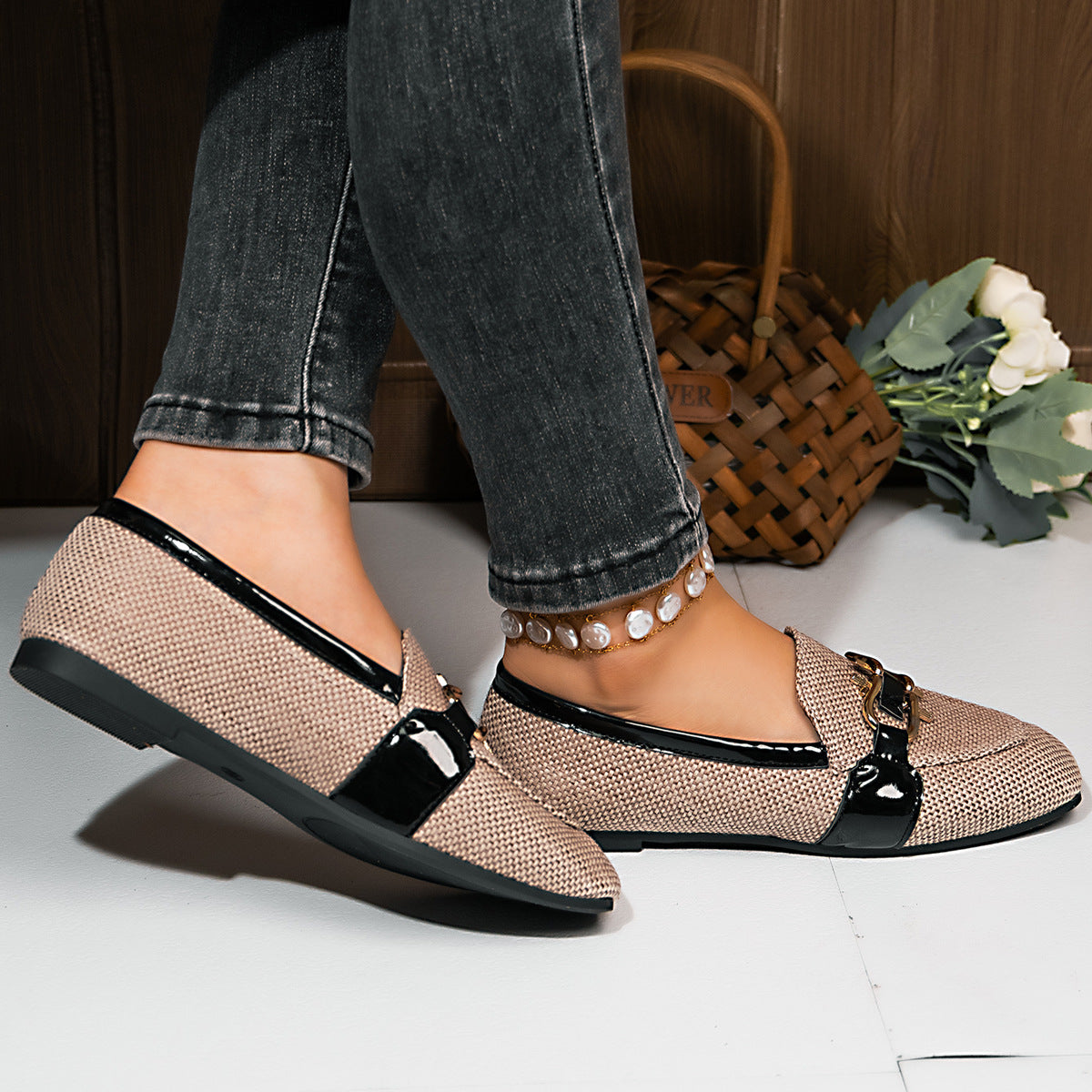 Square Toe Metal Buckle Slip-On Flat Shoes
